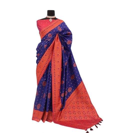 Amfyn Women's Banarasi Printed Saree With Unstitched Blouse 5.5Mtr (Navy Blue)
