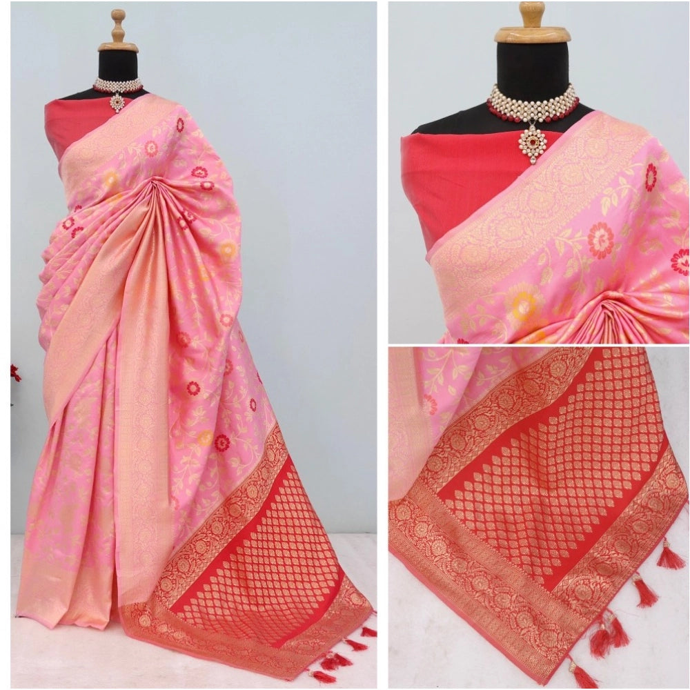 Amfyn Women's Banarasi Printed Saree With Unstitched Blouse 5.5Mtr (Pink)