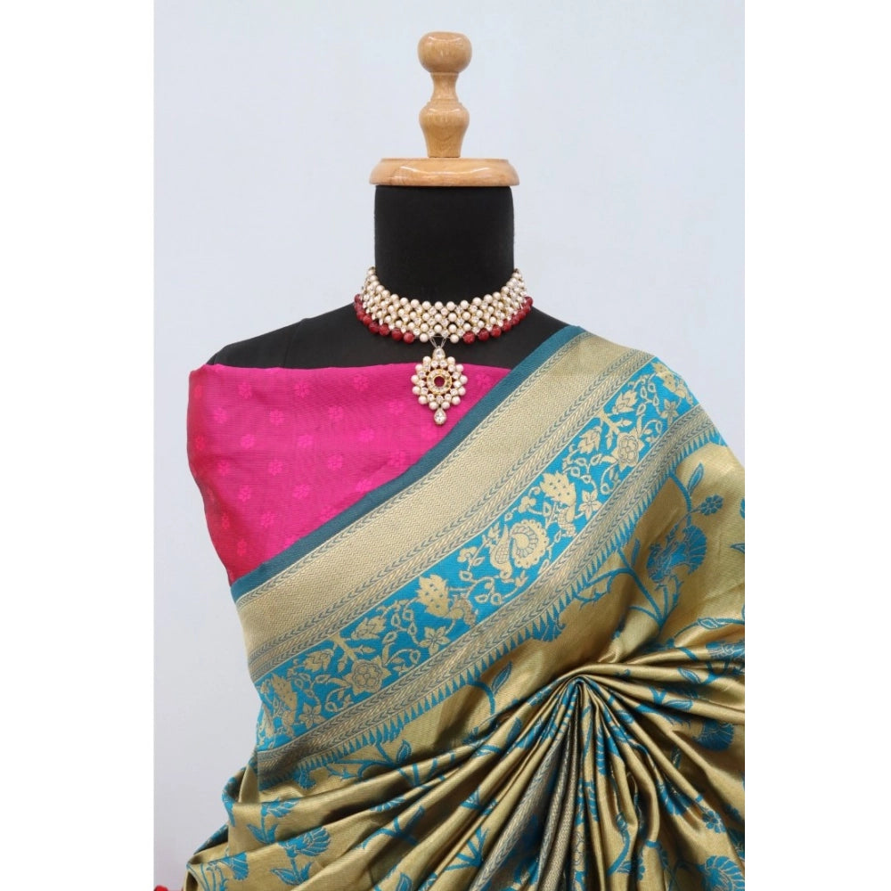 Amfyn Women's Banarasi Printed Saree With Unstitched Blouse 5.5Mtr (Goldan)