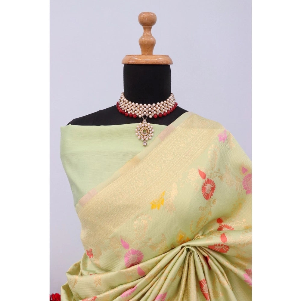 Amfyn Women's Banarasi Printed Saree With Unstitched Blouse 5.5Mtr (Pista)