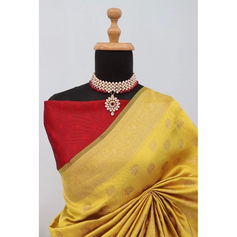 Amfyn Women's Banarasi Printed Saree With Unstitched Blouse 5.5Mtr (Yellow)