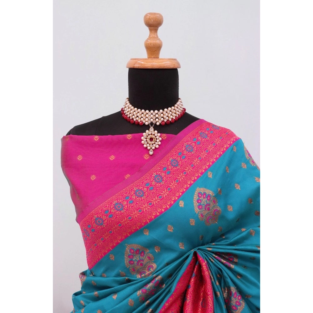 Amfyn Women's Banarasi Printed Saree With Unstitched Blouse 5.5Mtr (Aqua Blue)