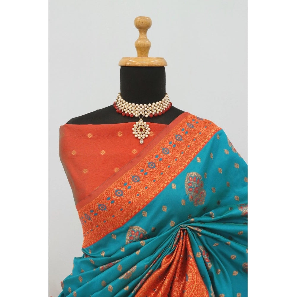 Amfyn Women's Banarasi Printed Saree With Unstitched Blouse 5.5Mtr (Rama)