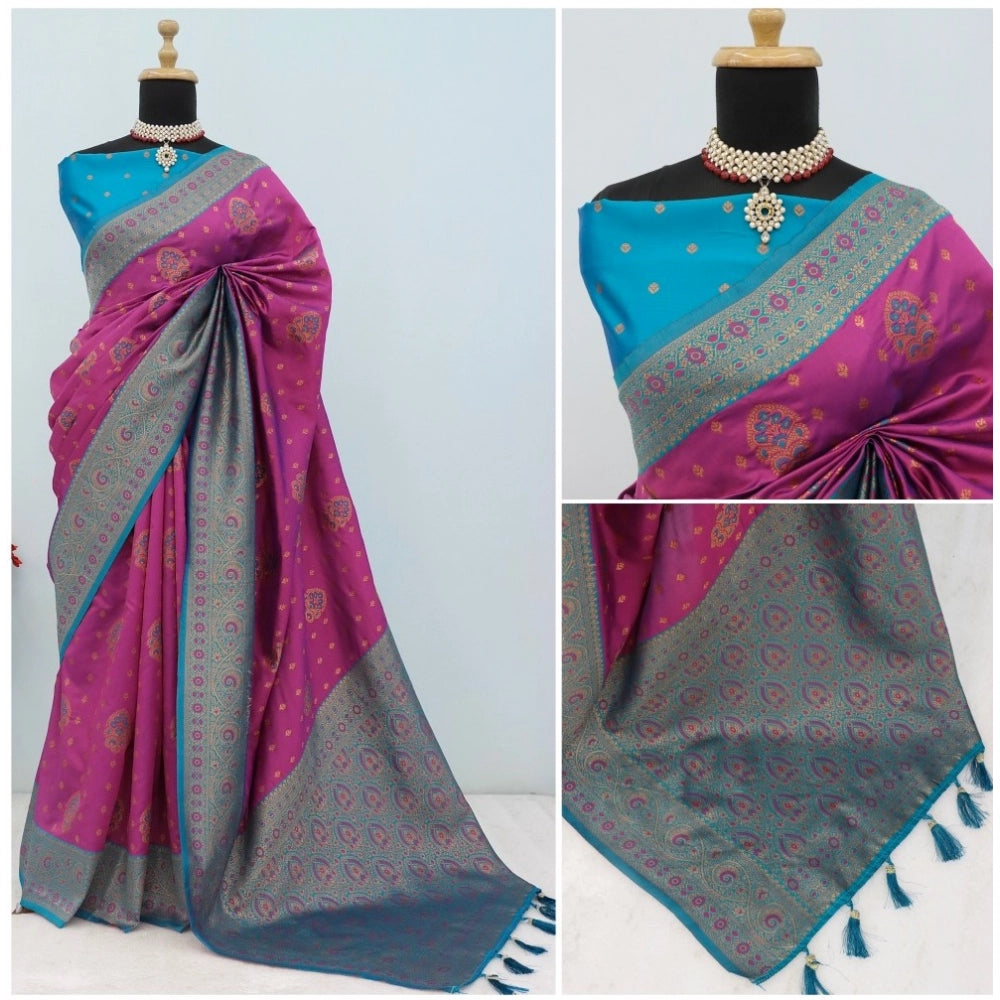 Amfyn Women's Banarasi Printed Saree With Unstitched Blouse 5.5Mtr (Purple)