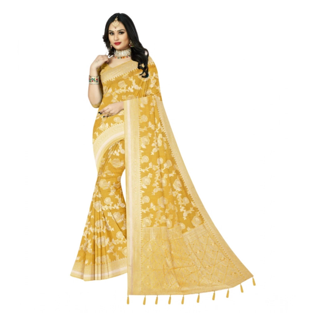 Amfyn Women's Cotton Printed Saree With Unstitched Blouse 5.5Mtr (Yellow)