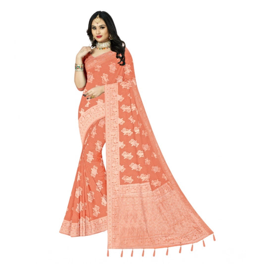 Amfyn Women's Cotton Printed Saree With Unstitched Blouse 5.5Mtr (Orange)