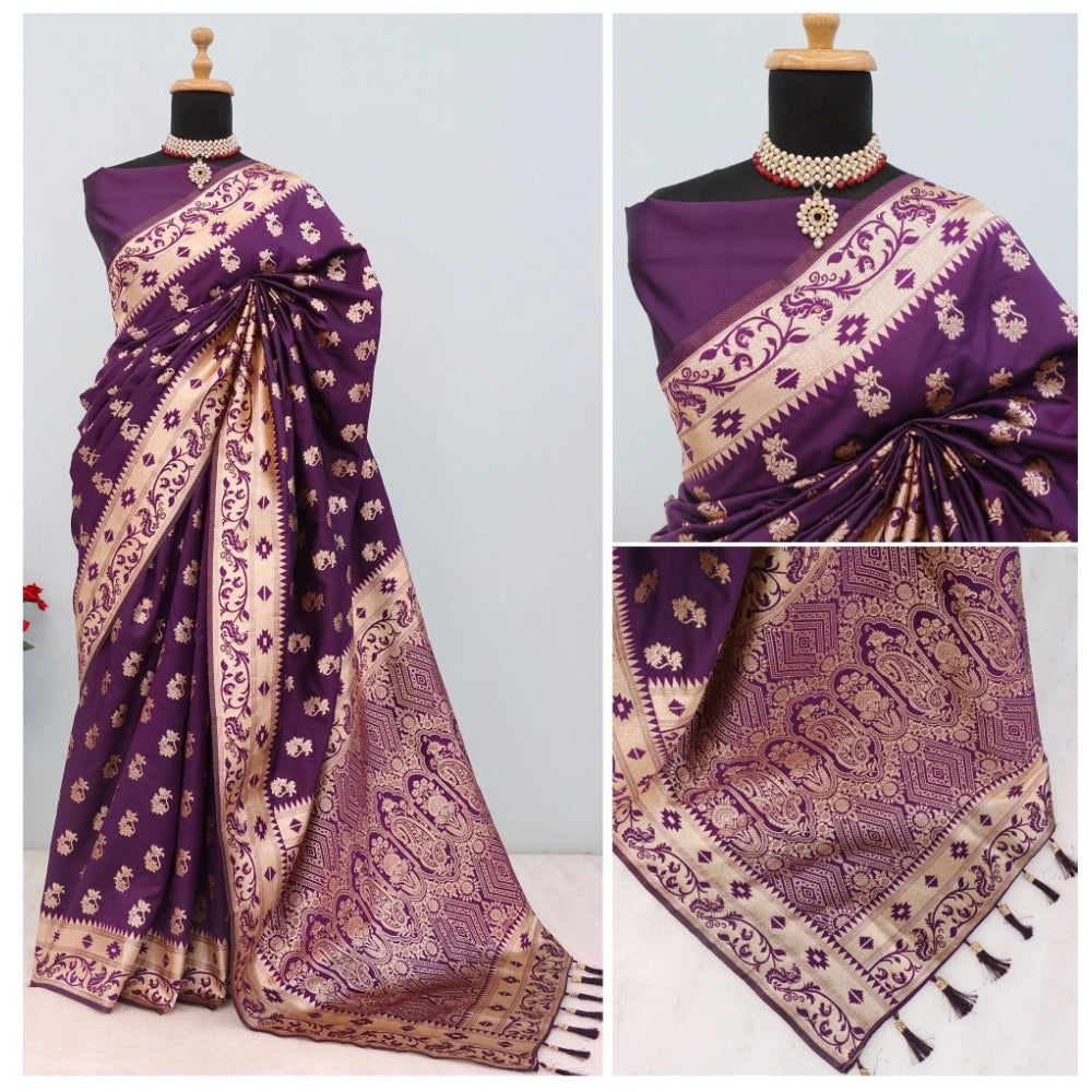 Amfyn Women's Satin Printed Saree With Unstitched Blouse 5.5Mtr (Purple)