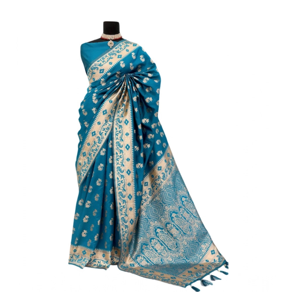 Amfyn Women's Satin Printed Saree With Unstitched Blouse 5.5Mtr (Aqua Blue)
