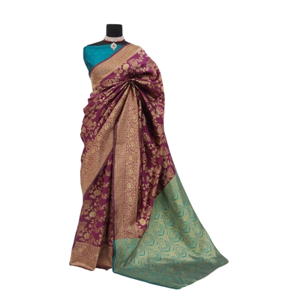 Amfyn Women's Banarasi Printed Saree With Unstitched Blouse 5.5Mtr (Purple)