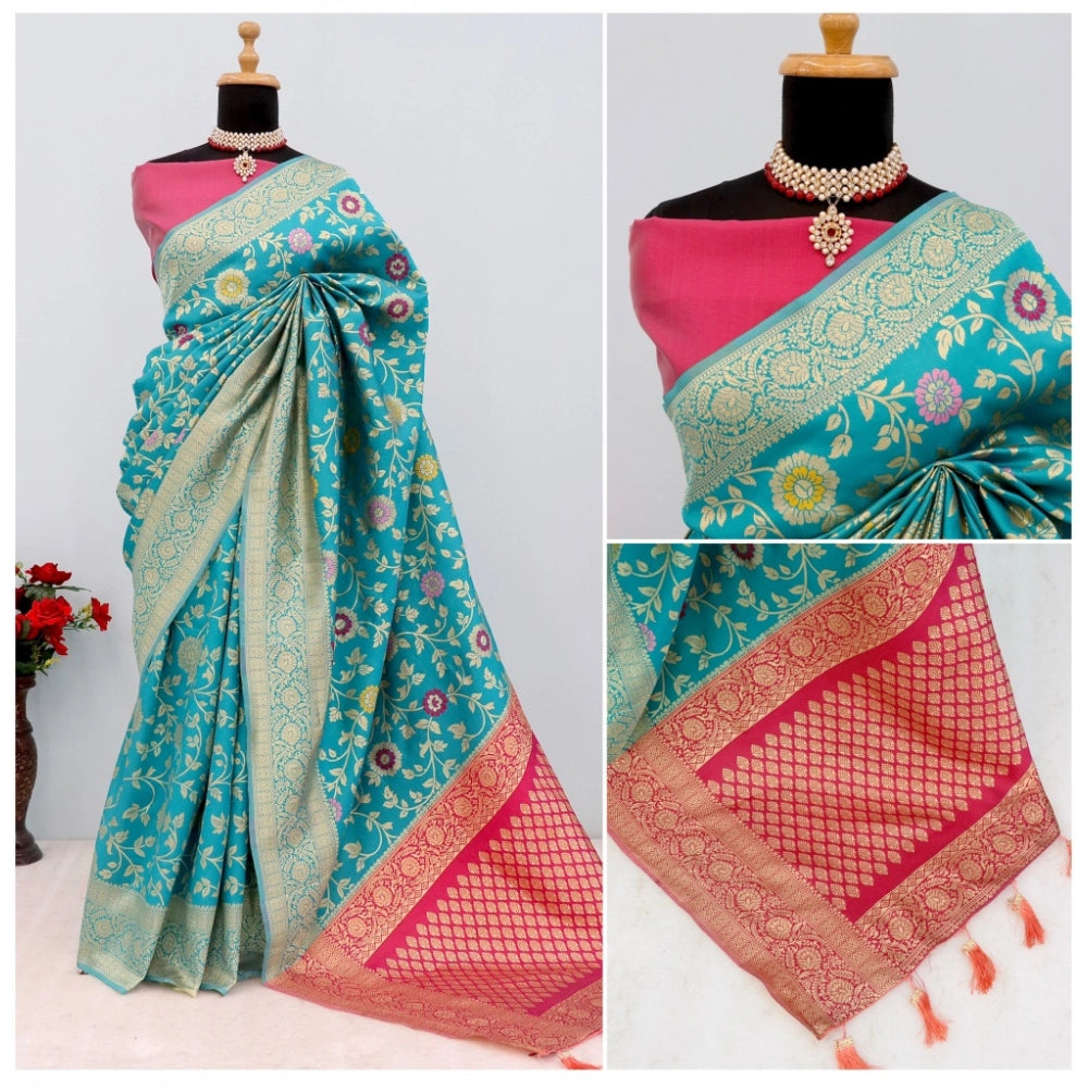 Amfyn Women's Banarasi Printed Saree With Unstitched Blouse 5.5Mtr (Rama)