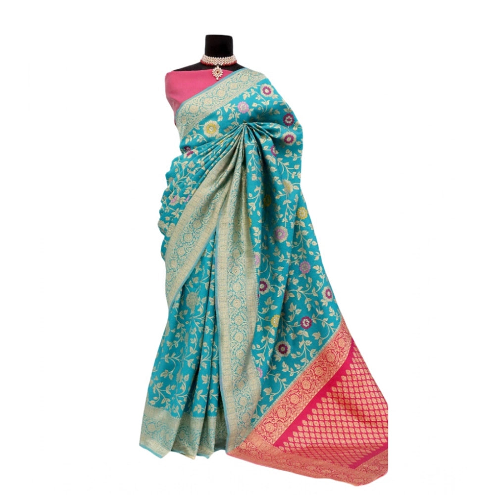 Amfyn Women's Banarasi Printed Saree With Unstitched Blouse 5.5Mtr (Rama)