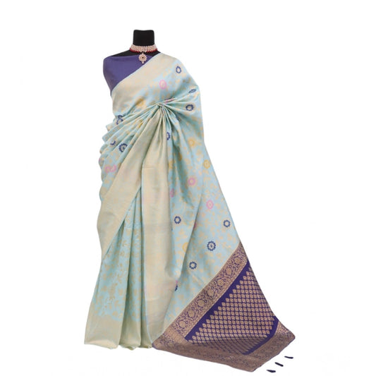 Amfyn Women's Banarasi Printed Saree With Unstitched Blouse 5.5Mtr (Firozi)