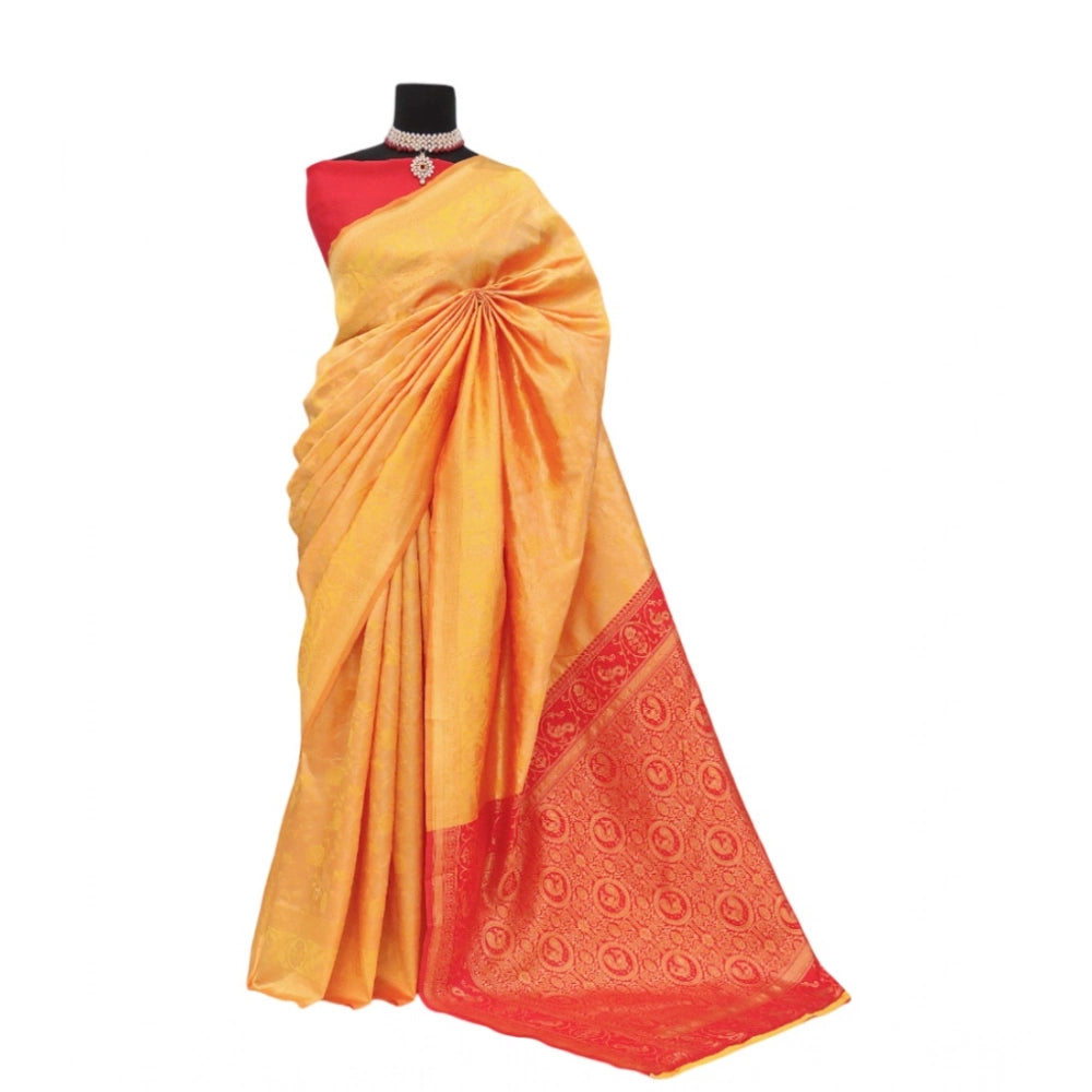 Amfyn Women's Banarasi Printed Saree With Unstitched Blouse 5.5Mtr (Yellow)