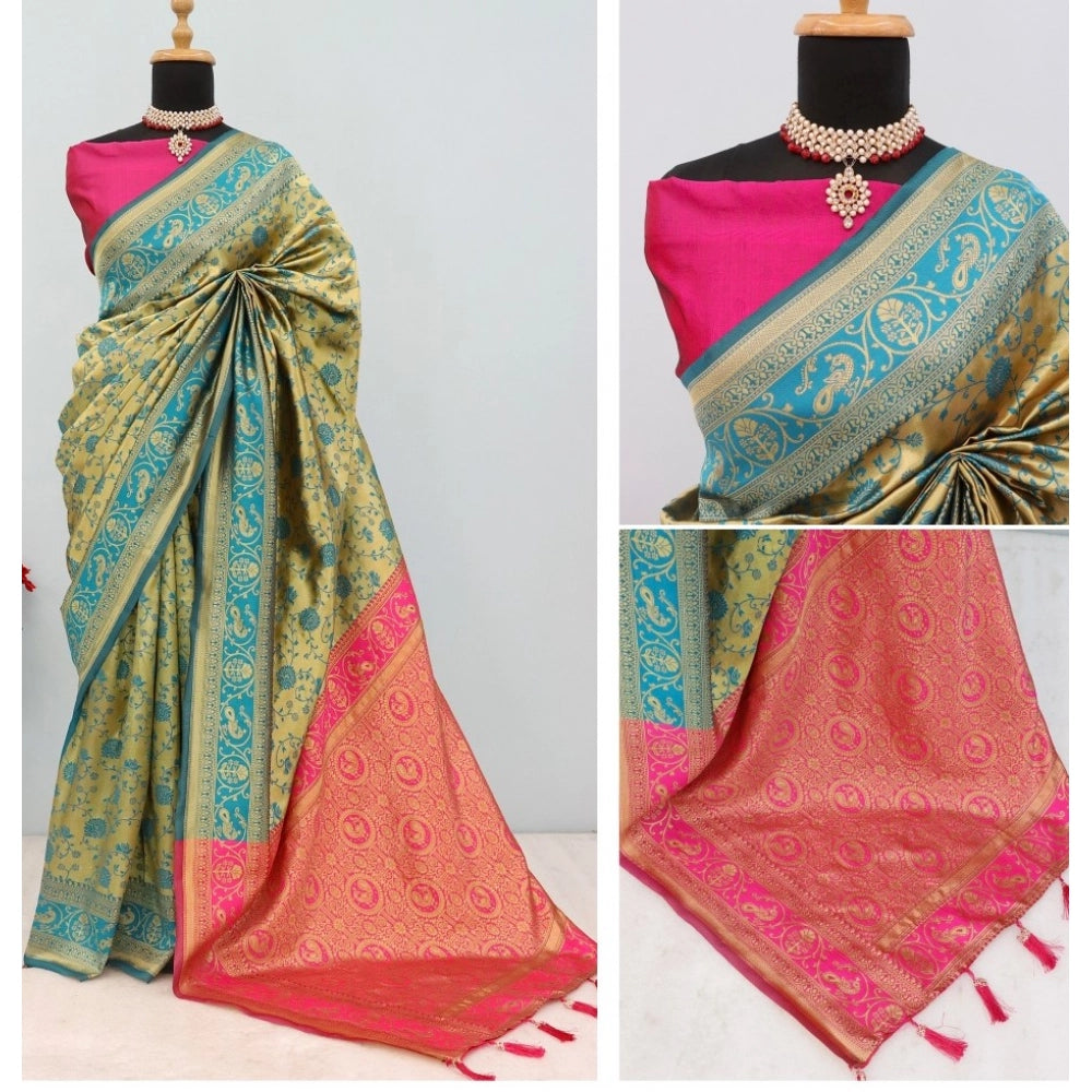 Amfyn Women's Banarasi Printed Saree With Unstitched Blouse 5.5Mtr (Goldan)