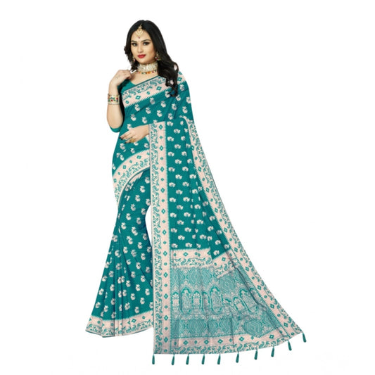 Amfyn Women's Satin Printed Saree With Unstitched Blouse 5.5Mtr (Rama)