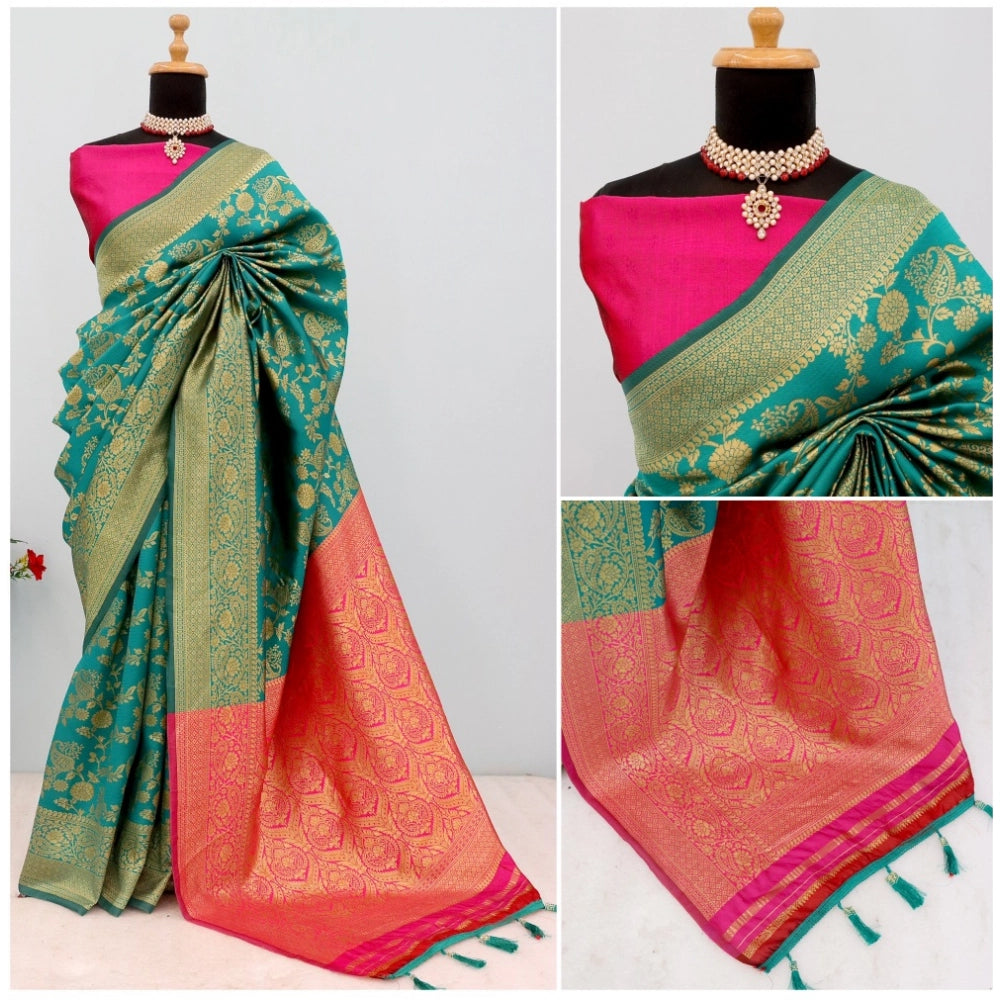 Amfyn Women's Banarasi Printed Saree With Unstitched Blouse 5.5Mtr (Rama)