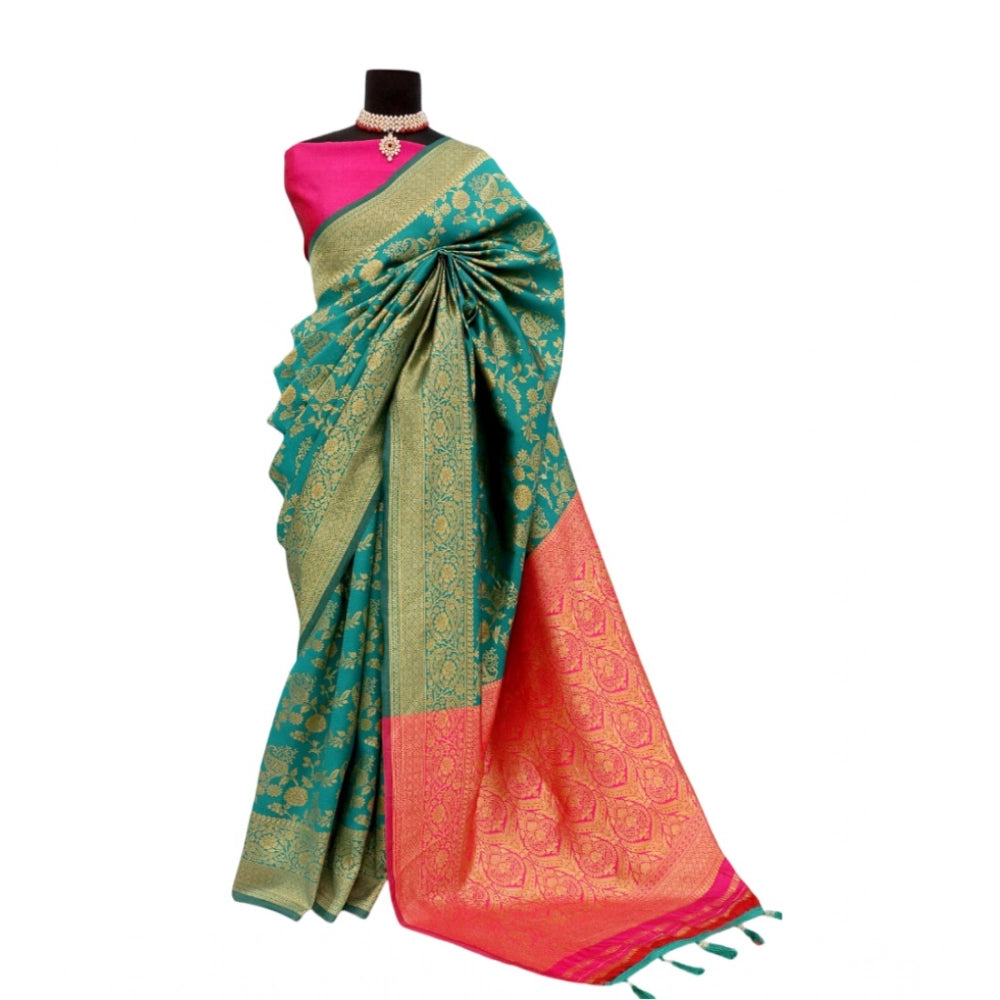 Amfyn Women's Banarasi Printed Saree With Unstitched Blouse 5.5Mtr (Rama)