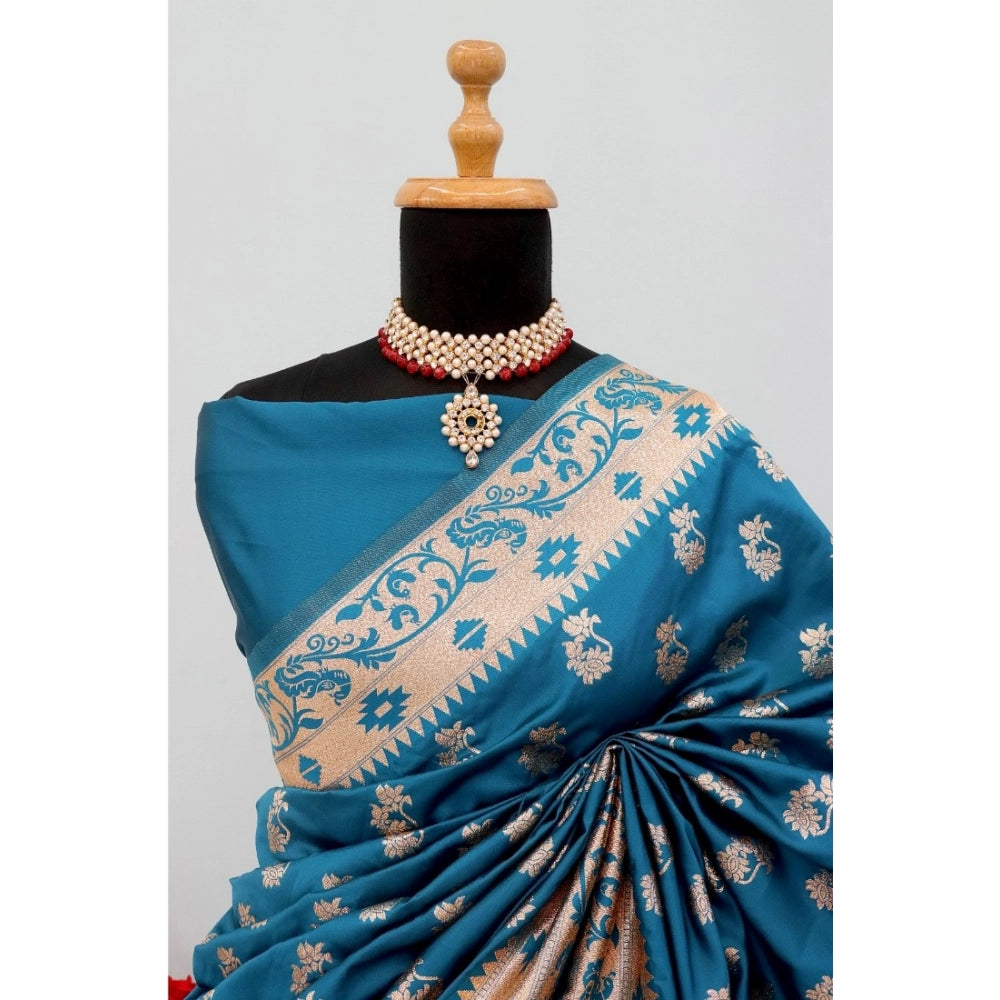Amfyn Women's Satin Printed Saree With Unstitched Blouse 5.5Mtr (Aqua Blue)