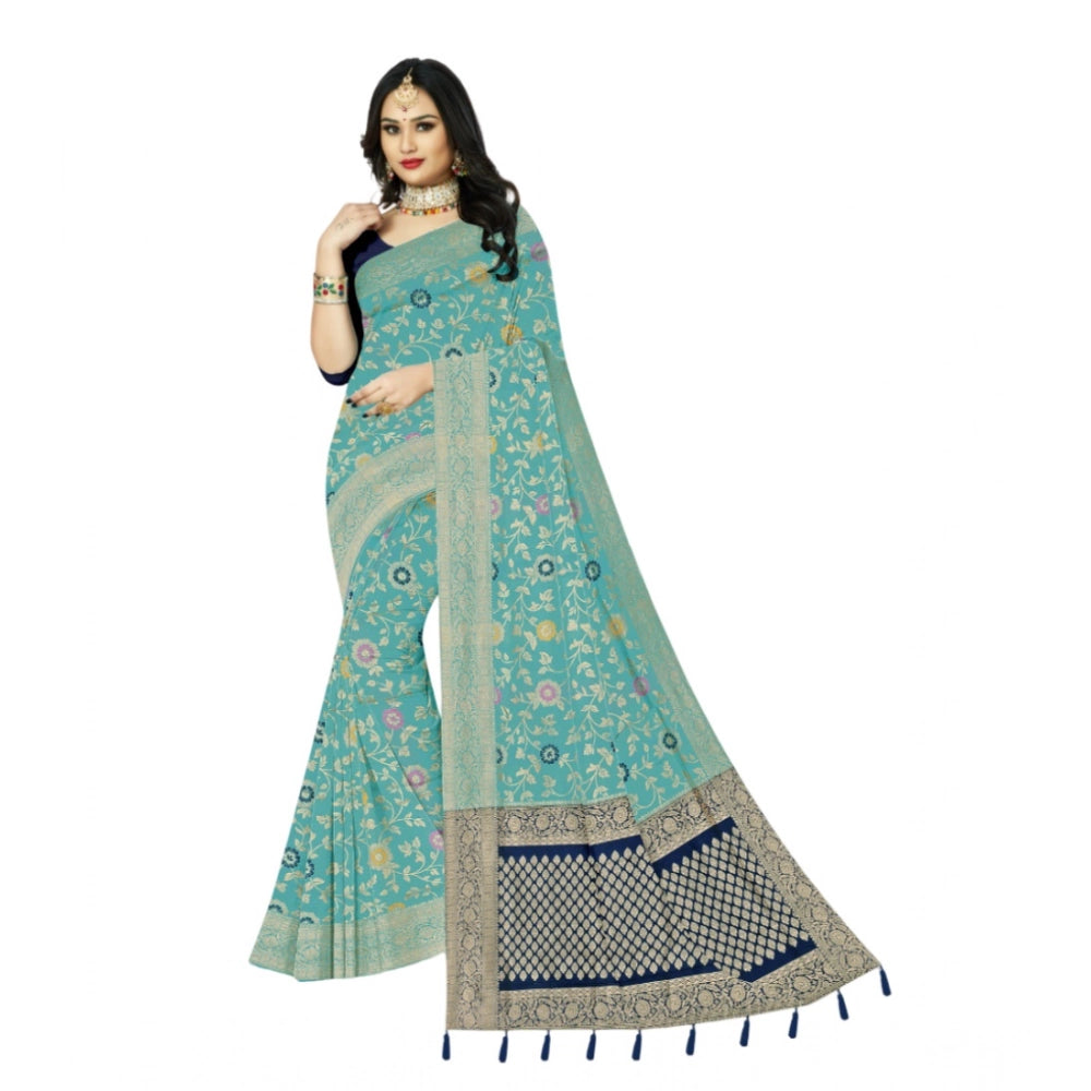 Amfyn Women's Banarasi Printed Saree With Unstitched Blouse 5.5Mtr (Firozi)