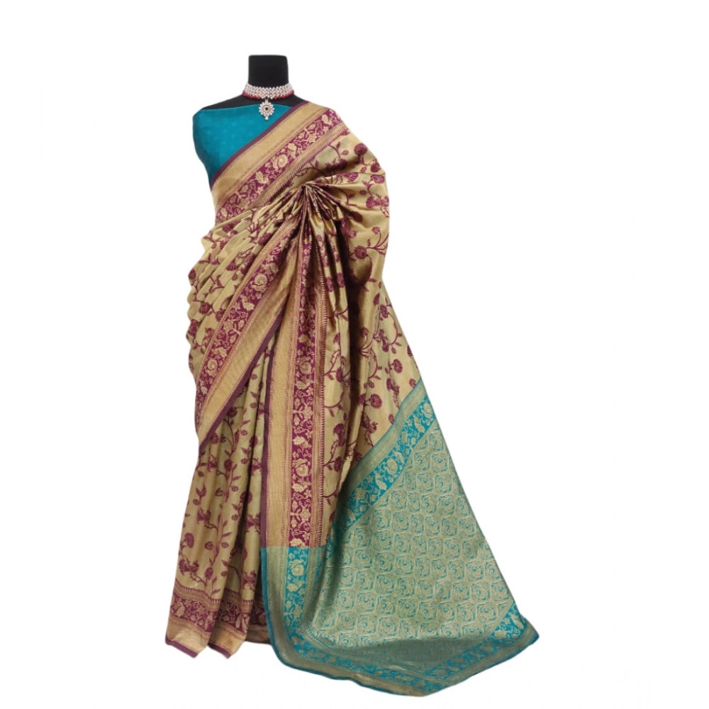 Amfyn Women's Banarasi Printed Saree With Unstitched Blouse 5.5Mtr (Goldan)