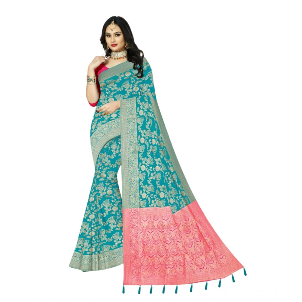 Amfyn Women's Banarasi Printed Saree With Unstitched Blouse 5.5Mtr (Rama)