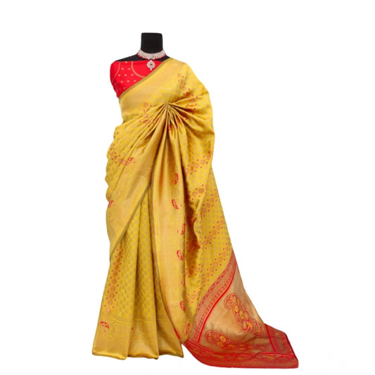 Amfyn Women's Banarasi Printed Saree With Unstitched Blouse 5.5Mtr (Yellow)