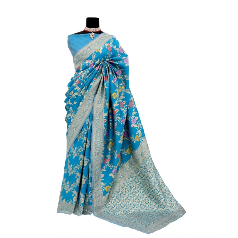 Amfyn Women's Banarasi Printed Saree With Unstitched Blouse 5.5Mtr (Aqua Blue)