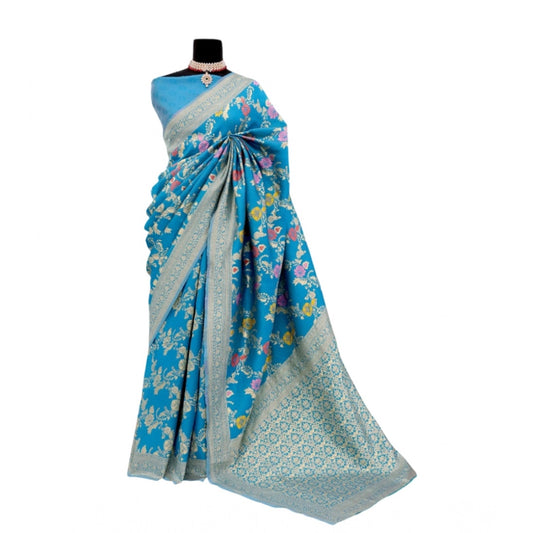 Amfyn Women's Banarasi Printed Saree With Unstitched Blouse 5.5Mtr (Aqua Blue)