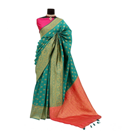 Amfyn Women's Banarasi Printed Saree With Unstitched Blouse 5.5Mtr (Rama)