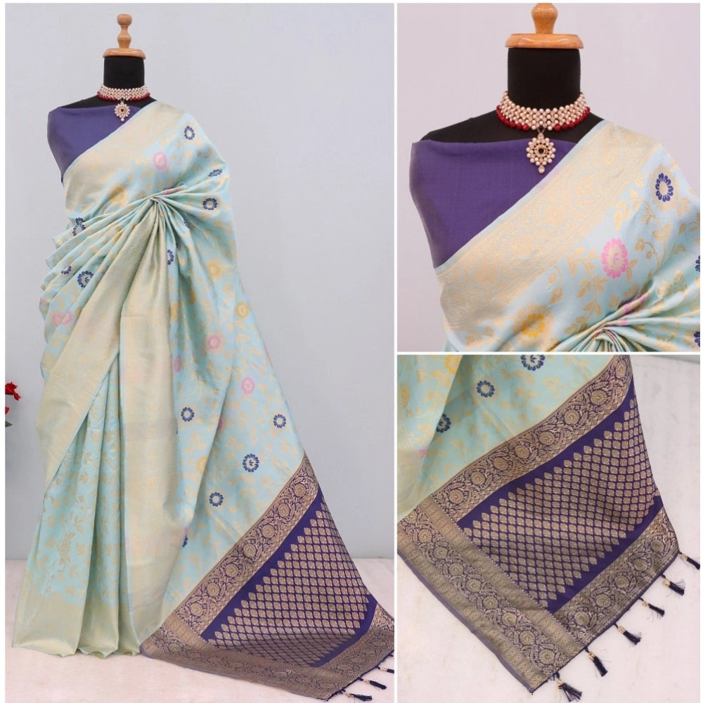 Amfyn Women's Banarasi Printed Saree With Unstitched Blouse 5.5Mtr (Firozi)