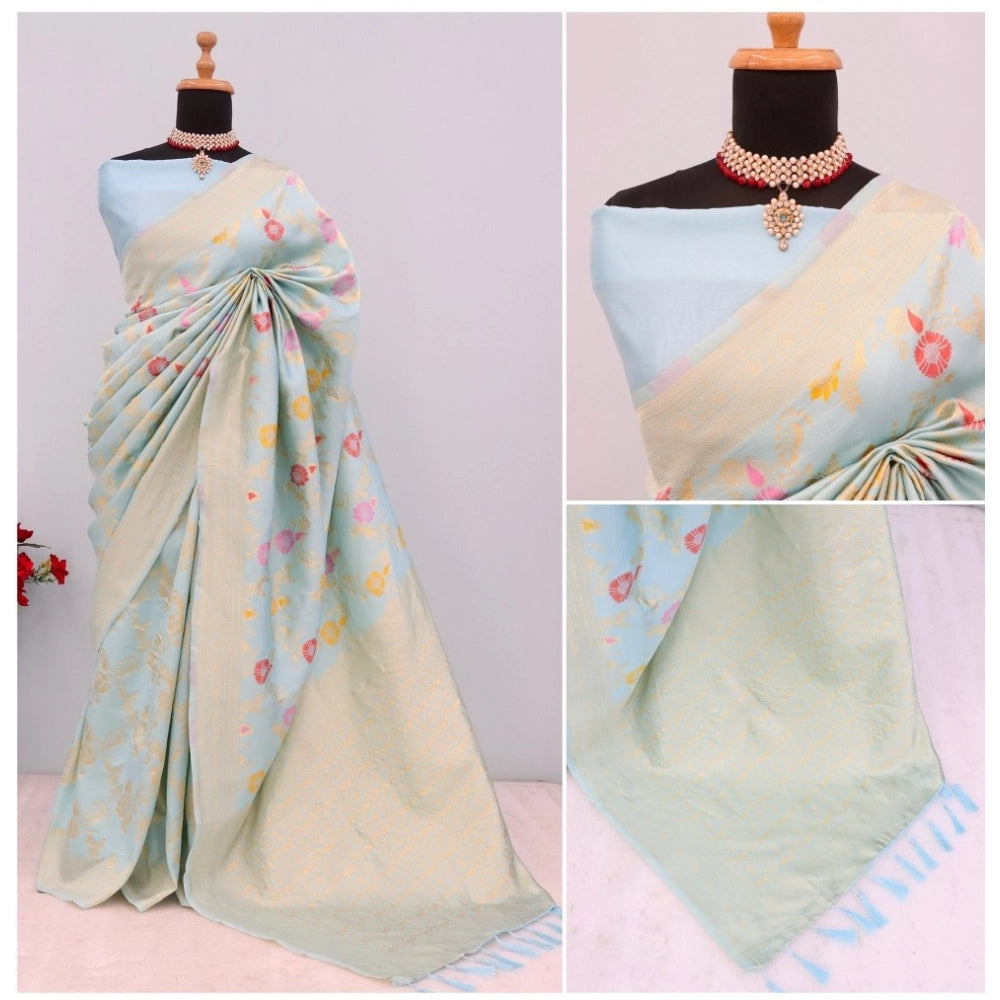 Amfyn Women's Banarasi Printed Saree With Unstitched Blouse 5.5Mtr (Firozi)