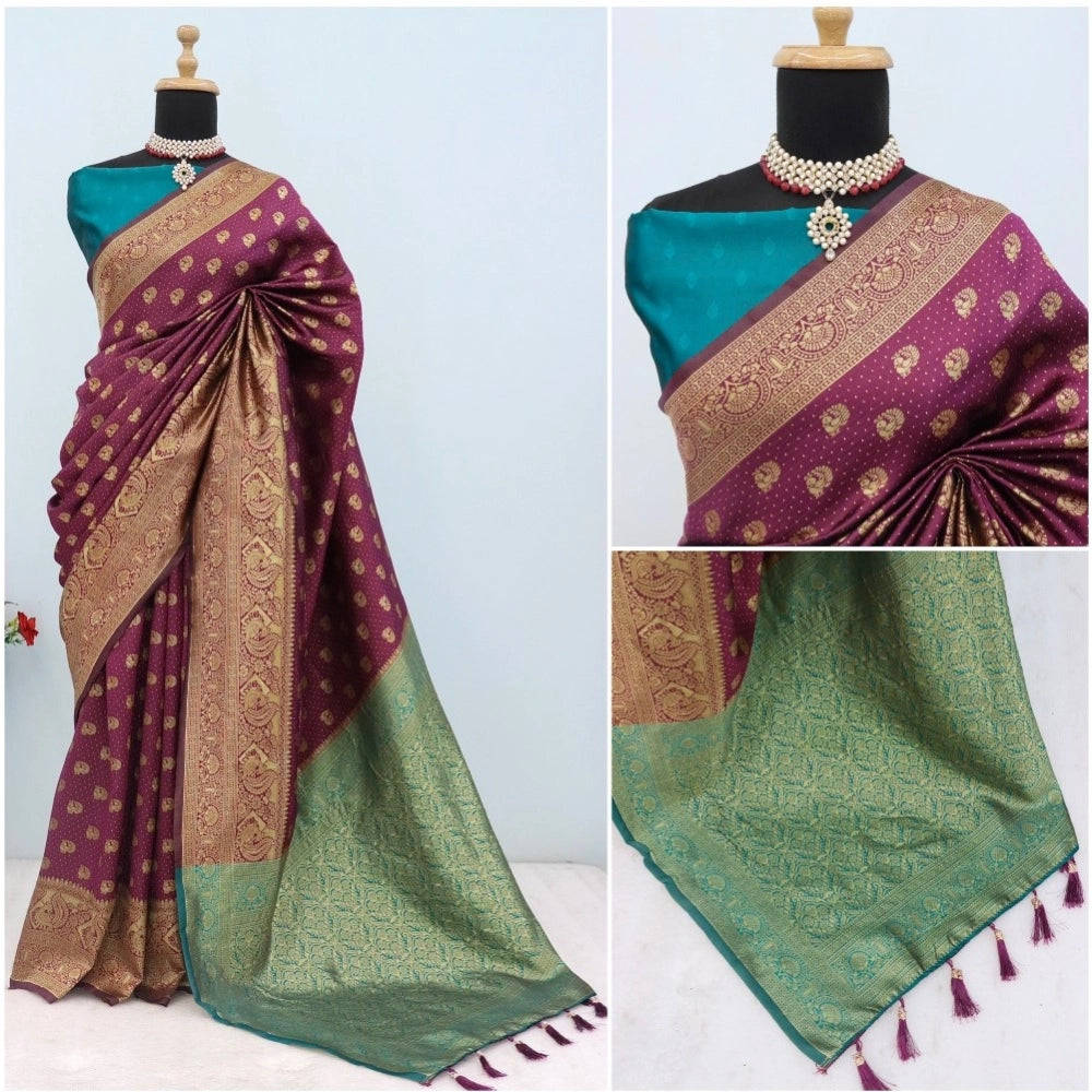 Amfyn Women's Banarasi Printed Saree With Unstitched Blouse 5.5Mtr (Purple)