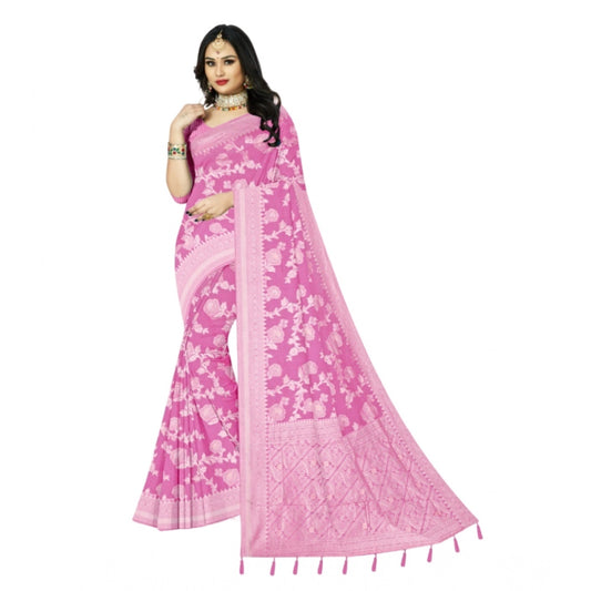 Amfyn Women's Cotton Printed Saree With Unstitched Blouse 5.5Mtr (Pink)