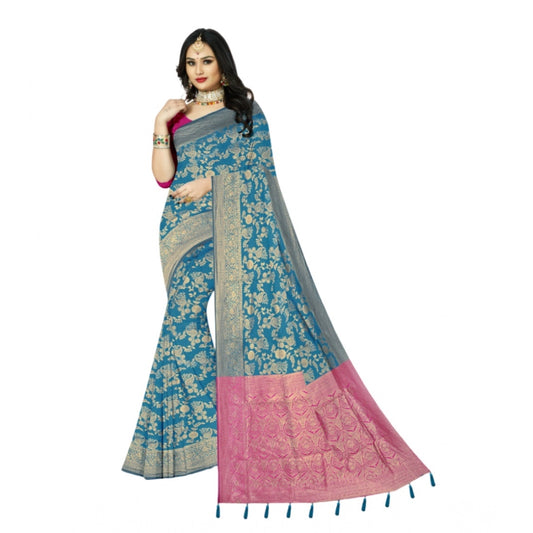 Amfyn Women's Banarasi Printed Saree With Unstitched Blouse 5.5Mtr (Aqua Blue)
