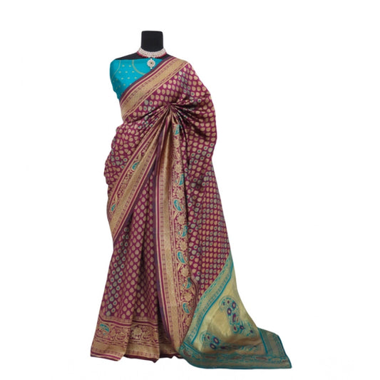 Amfyn Women's Banarasi Printed Saree With Unstitched Blouse 5.5Mtr (Purple)