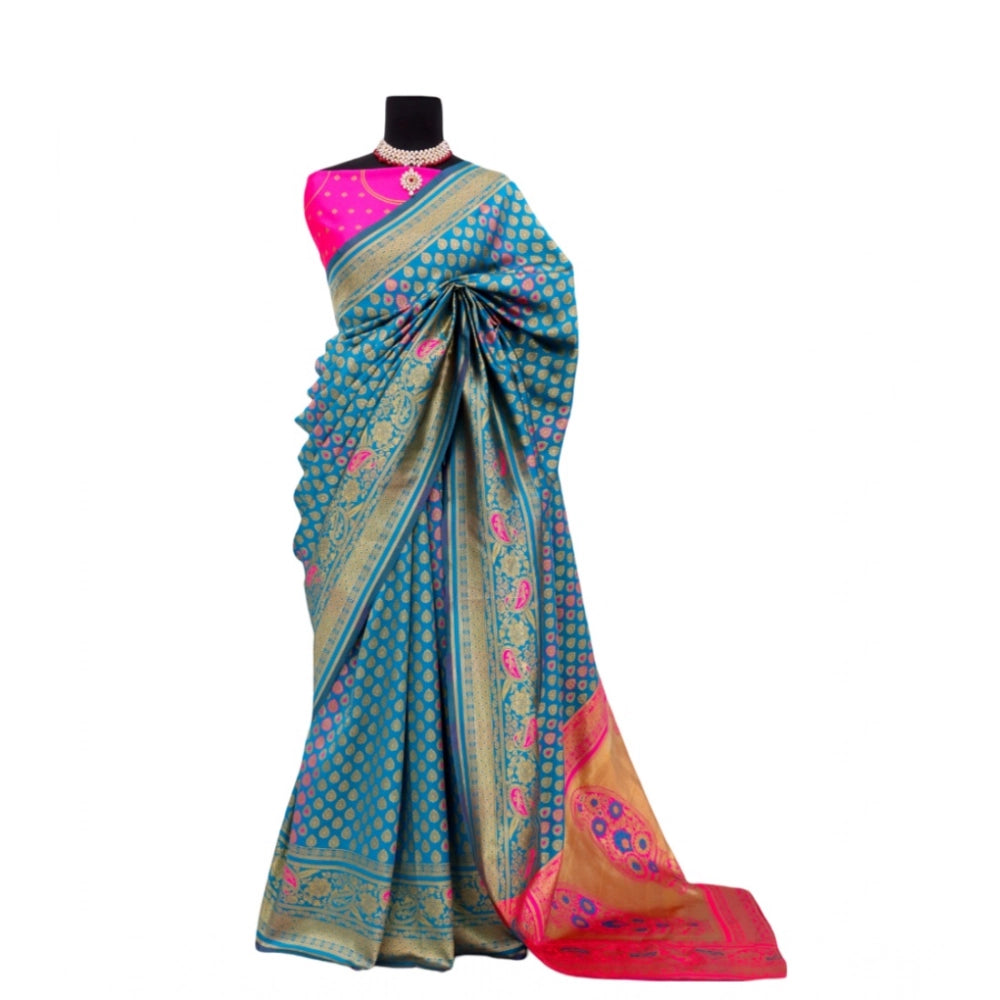 Amfyn Women's Banarasi Printed Saree With Unstitched Blouse 5.5Mtr (Aqua Blue)