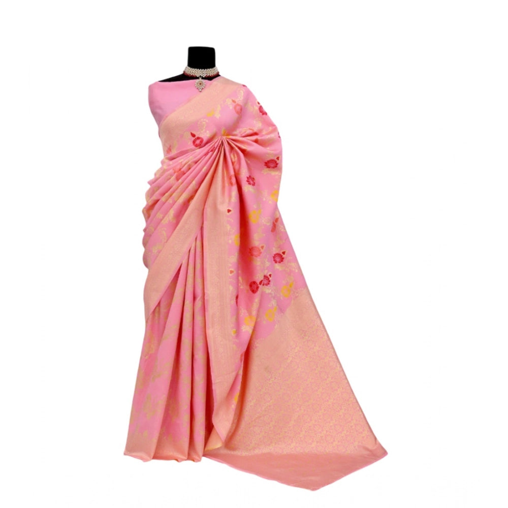 Amfyn Women's Banarasi Printed Saree With Unstitched Blouse 5.5Mtr (Pink)