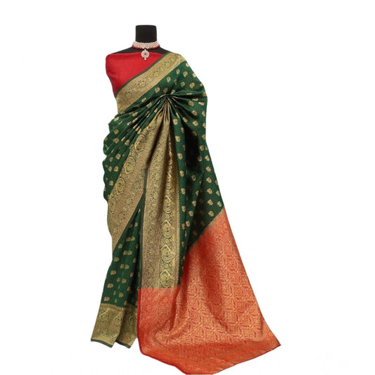 Amfyn Women's Banarasi Printed Saree With Unstitched Blouse 5.5Mtr (Green)