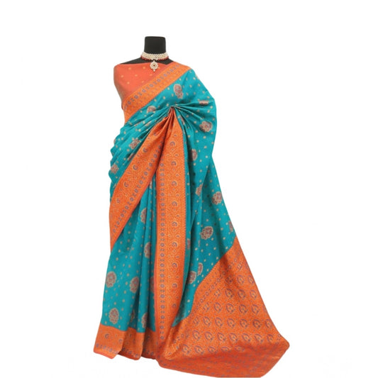 Amfyn Women's Banarasi Printed Saree With Unstitched Blouse 5.5Mtr (Rama)