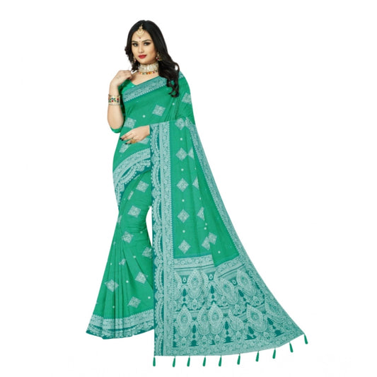 Amfyn Women's Cotton Printed Saree With Unstitched Blouse 5.5Mtr (Rama)