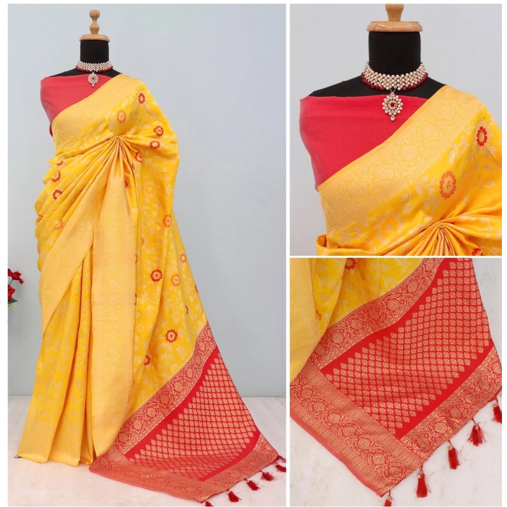 Amfyn Women's Banarasi Printed Saree With Unstitched Blouse 5.5Mtr (Yellow)