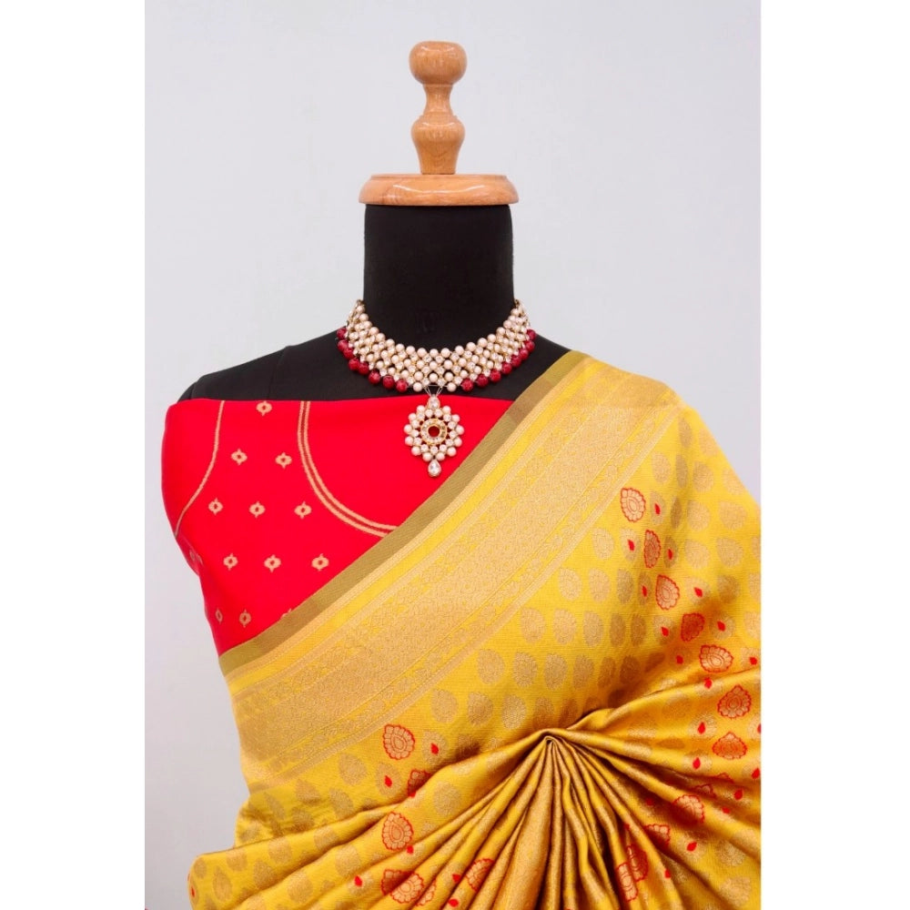 Amfyn Women's Banarasi Printed Saree With Unstitched Blouse 5.5Mtr (Yellow)