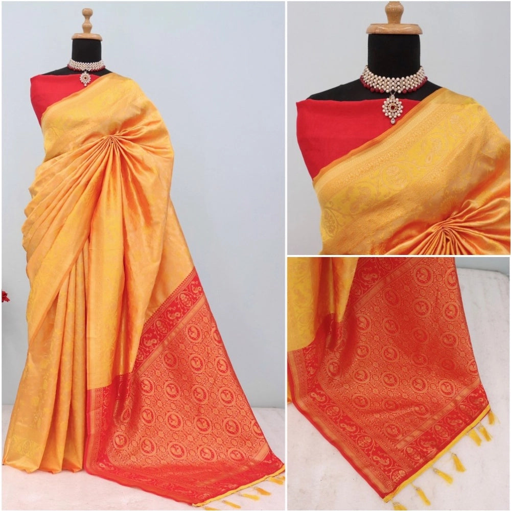 Amfyn Women's Banarasi Printed Saree With Unstitched Blouse 5.5Mtr (Yellow)