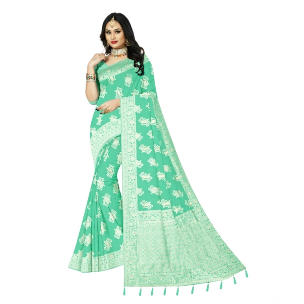 Amfyn Women's Cotton Printed Saree With Unstitched Blouse 5.5Mtr (Rama)