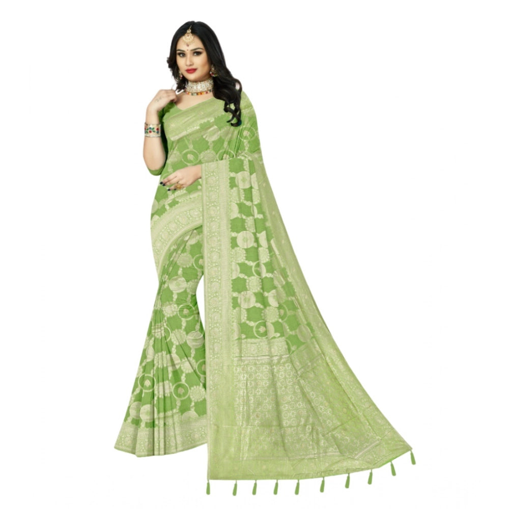 Amfyn Women's Cotton Printed Saree With Unstitched Blouse 5.5Mtr (Green)