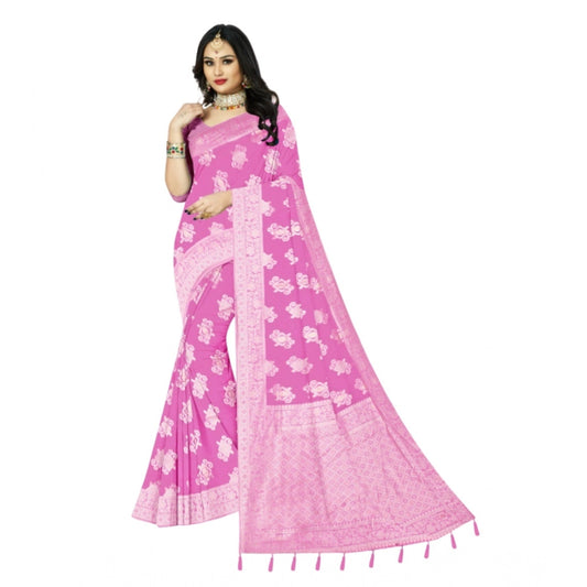 Amfyn Women's Cotton Printed Saree With Unstitched Blouse 5.5Mtr (Pink)