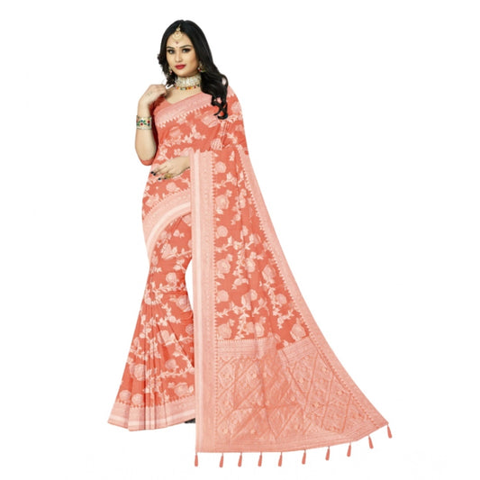 Amfyn Women's Cotton Printed Saree With Unstitched Blouse 5.5Mtr (Orange)