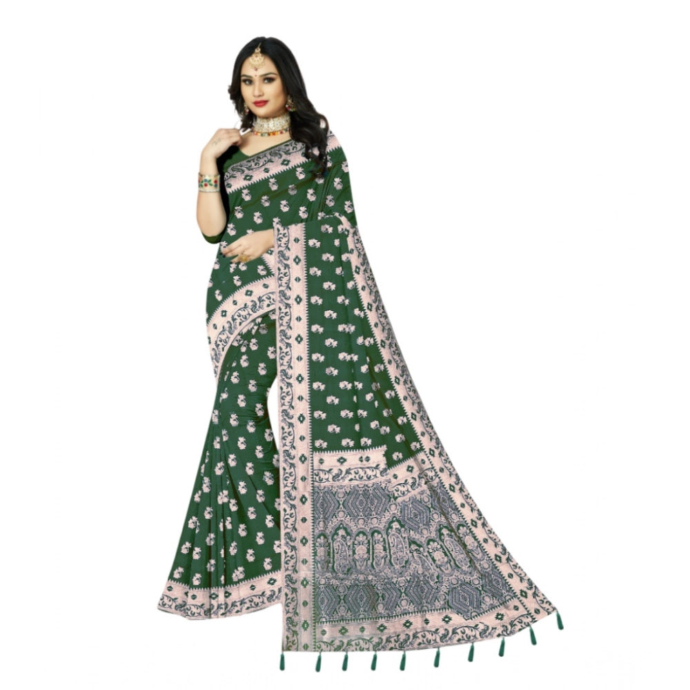 Amfyn Women's Satin Printed Saree With Unstitched Blouse 5.5Mtr (Green)