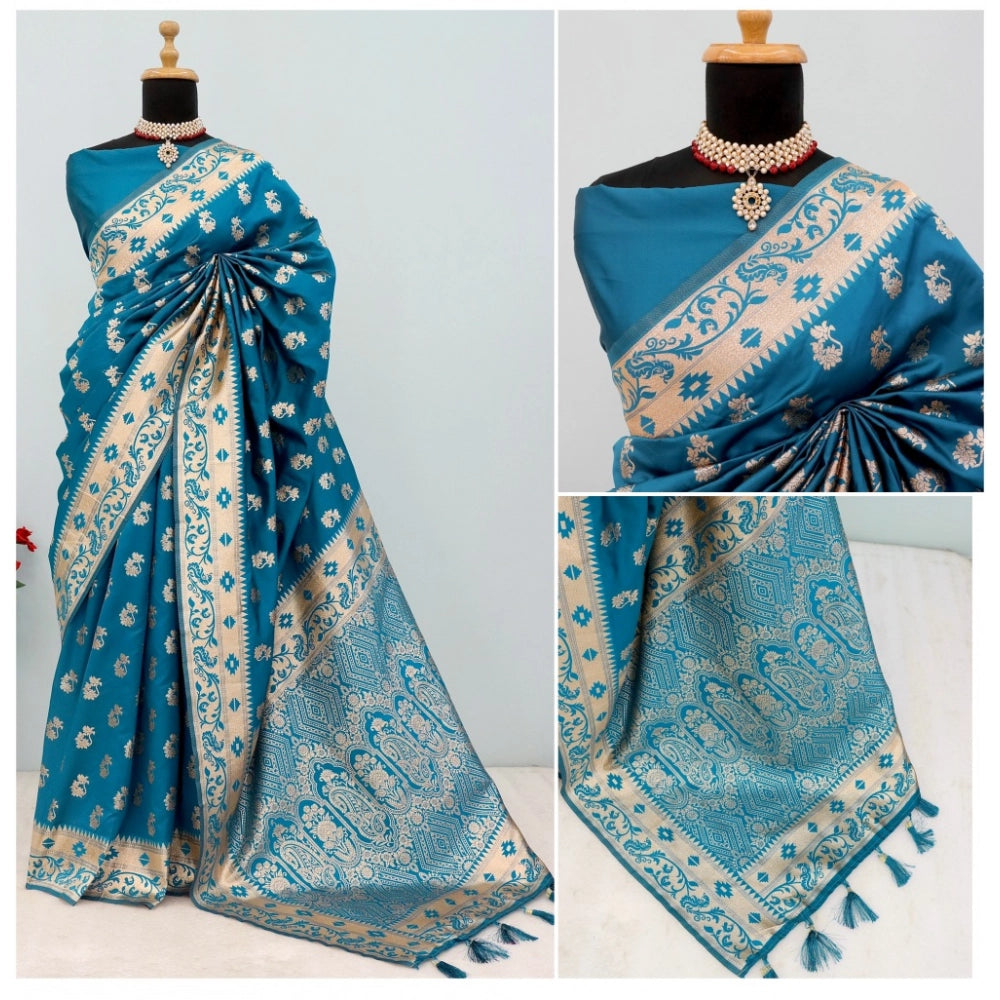 Amfyn Women's Satin Printed Saree With Unstitched Blouse 5.5Mtr (Aqua Blue)