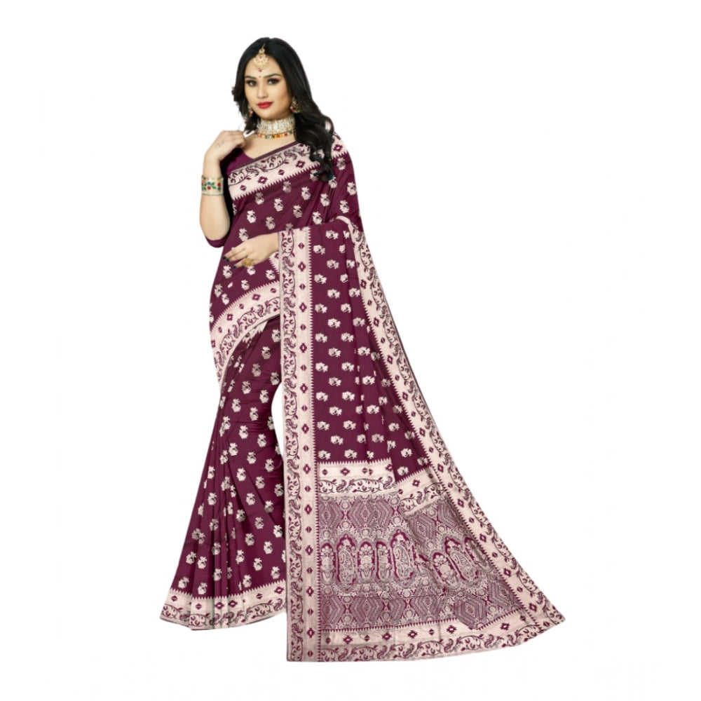 Amfyn Women's Satin Printed Saree With Unstitched Blouse 5.5Mtr (Brown)